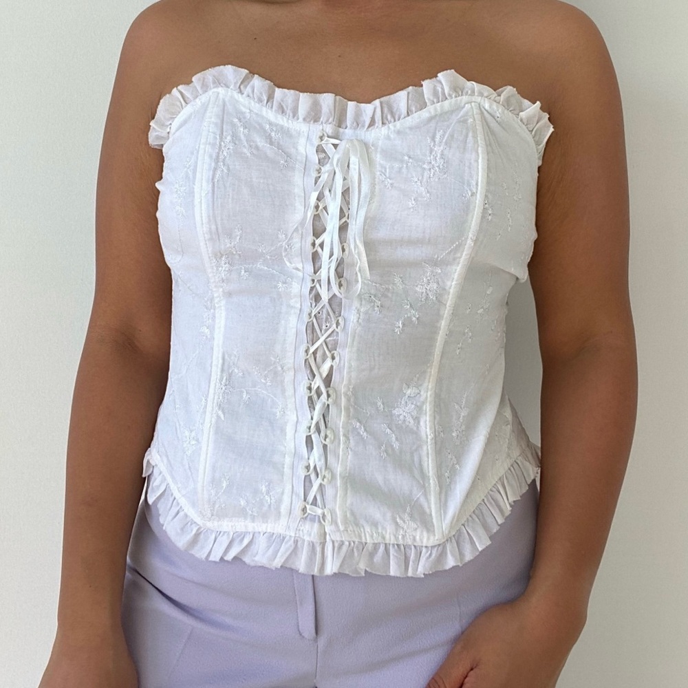 White Lace-Up Ruffle Bustier Top